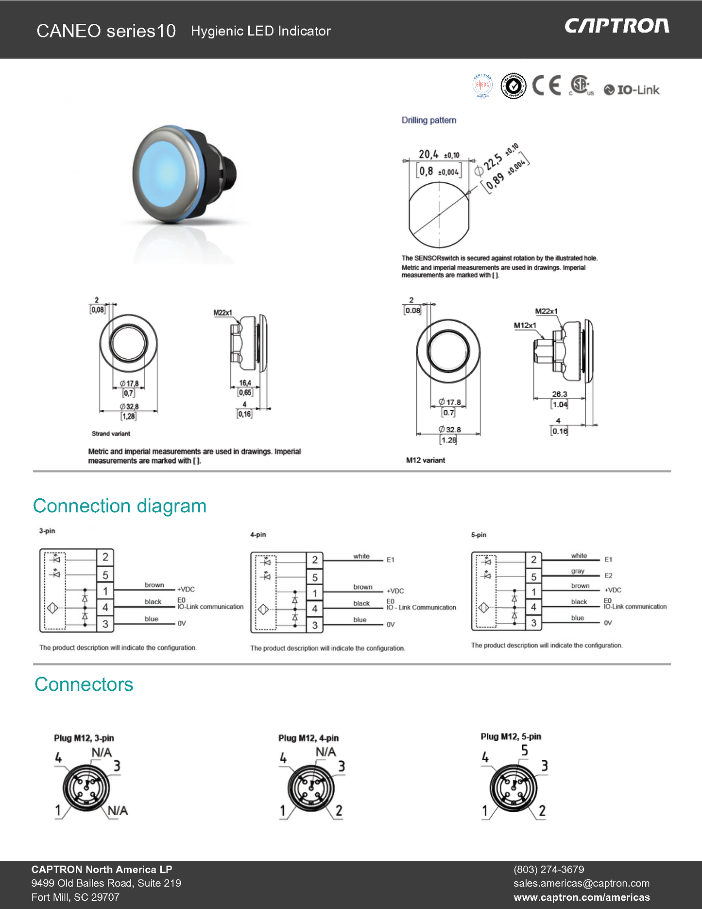 Technical specifications and diagram of a CANEO series10 hygienic LED indicator by CAPTRON.