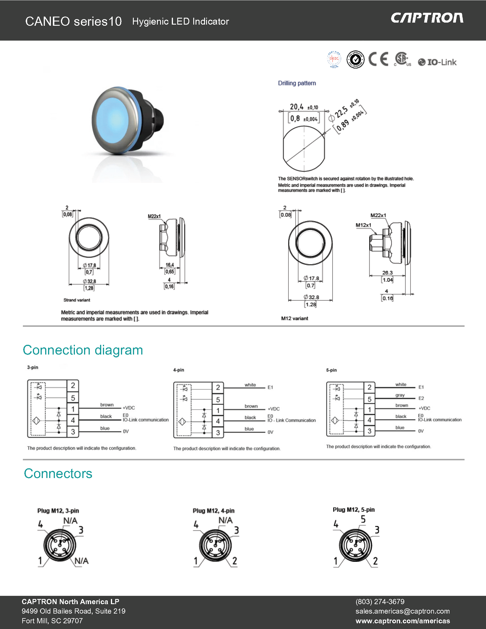 Technical specifications and diagram of a CANEO series10 hygienic LED indicator by CAPTRON.