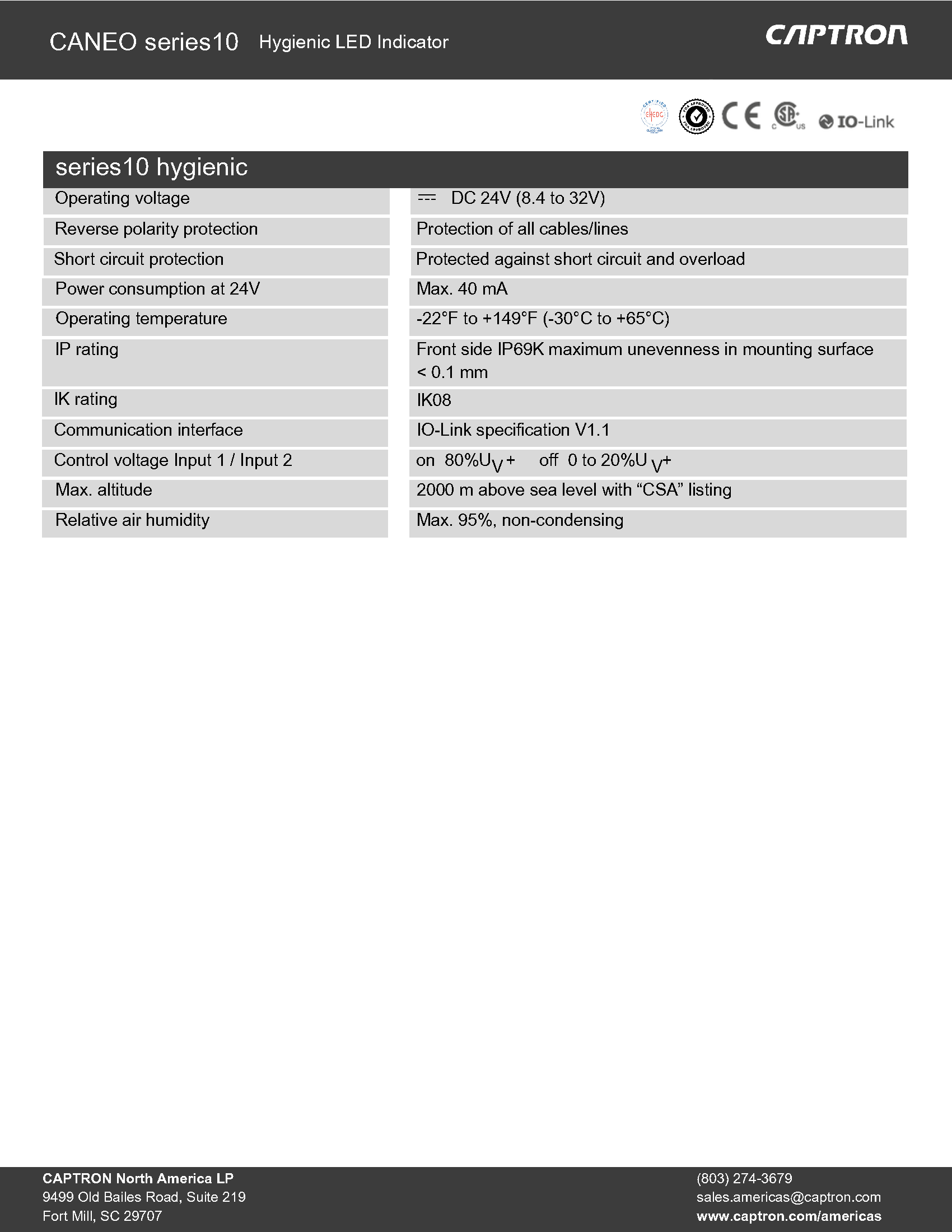Technical specifications of a CANEO series 10 hygienic LED indicator by CAPTRON.