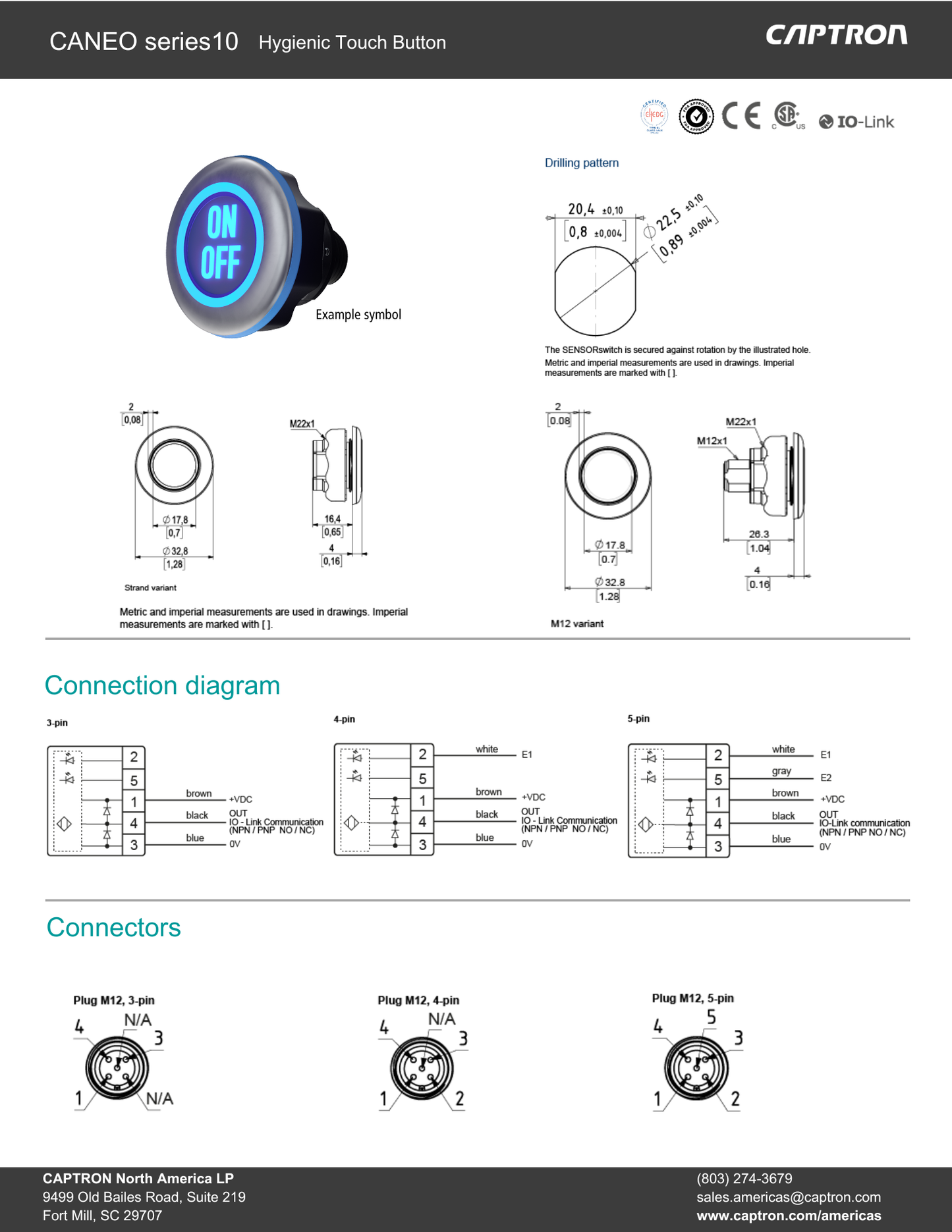 Technical specifications and diagram of a CANEO series 10 hygienic touch button by CAPTRON.