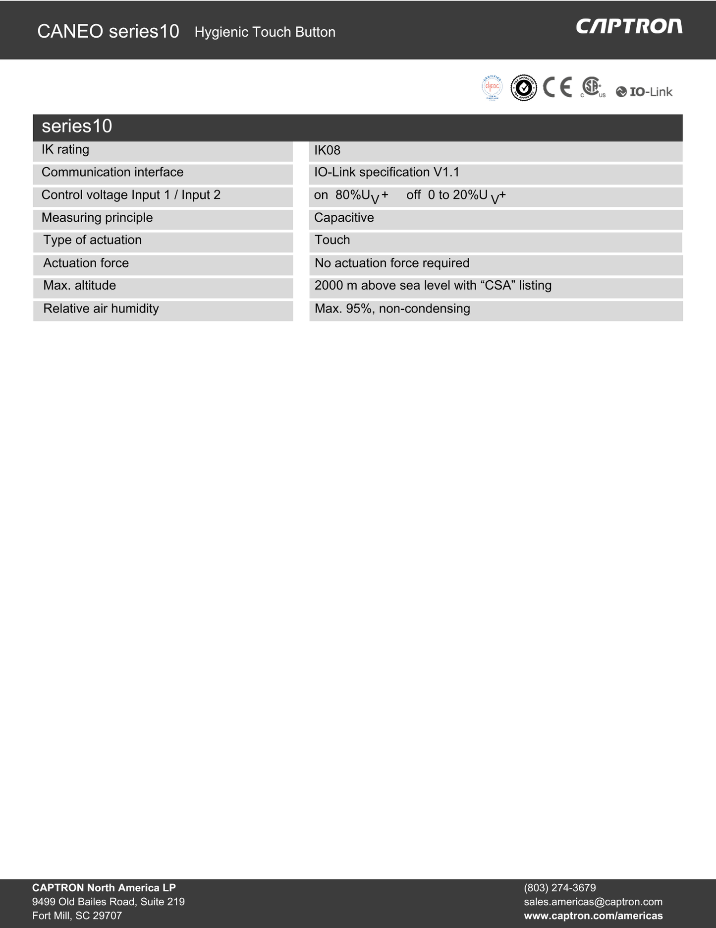 Technical specifications of a CANEO series10 hygienic touch button on a white background.
