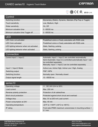 Technical specifications sheet for CANEO series 10 hygienic touch button by CAPTRON