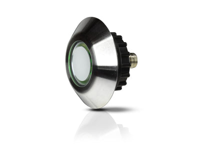 A modern stainless steel button with a polished bezel shown on a white background with a soft reflection.