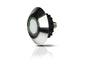 A modern stainless steel button with a polished bezel shown on a white background with a soft reflection.