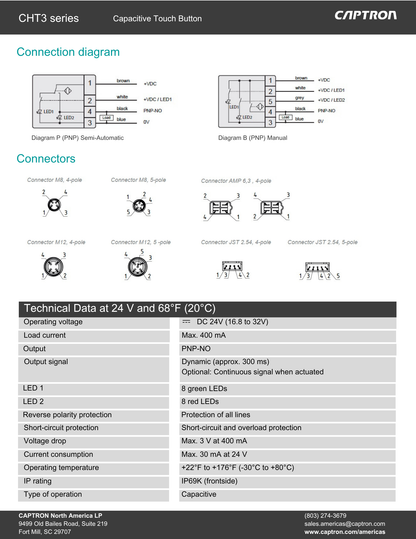 A CAPTRON technical datasheet page for the CHT3 series Capacitive Touch Button, showing connection diagrams, connector pinouts, and a technical data table on a white background with a dark header.