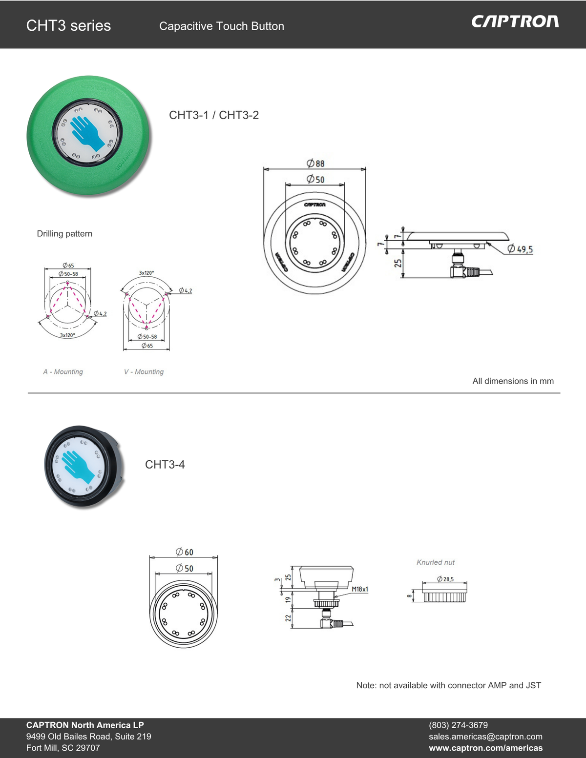 Technical specification sheet for the CHT3 series capacitive touch button switches by CAPTRON, showing product diagrams, dimensions, and mounting details for models CHT3-1/CHT3-2 and CHT3-4.