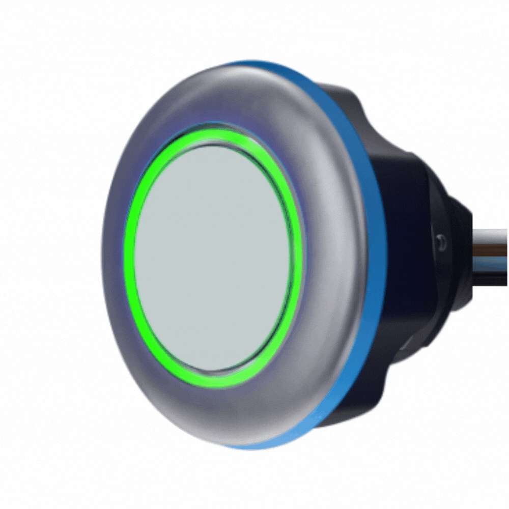 animation of CAPTRON CANEO series10 hygienc blank sybmol stranded button changing from green to red