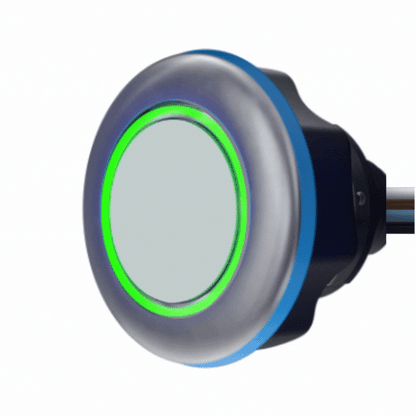 animation of CAPTRON CANEO series10 hygienc blank sybmol stranded button changing from green to red