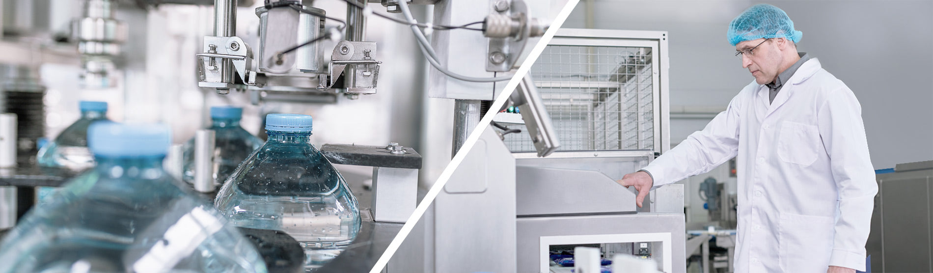 Collage of a water bottling machine and a person in a lab coat in a factory setting.