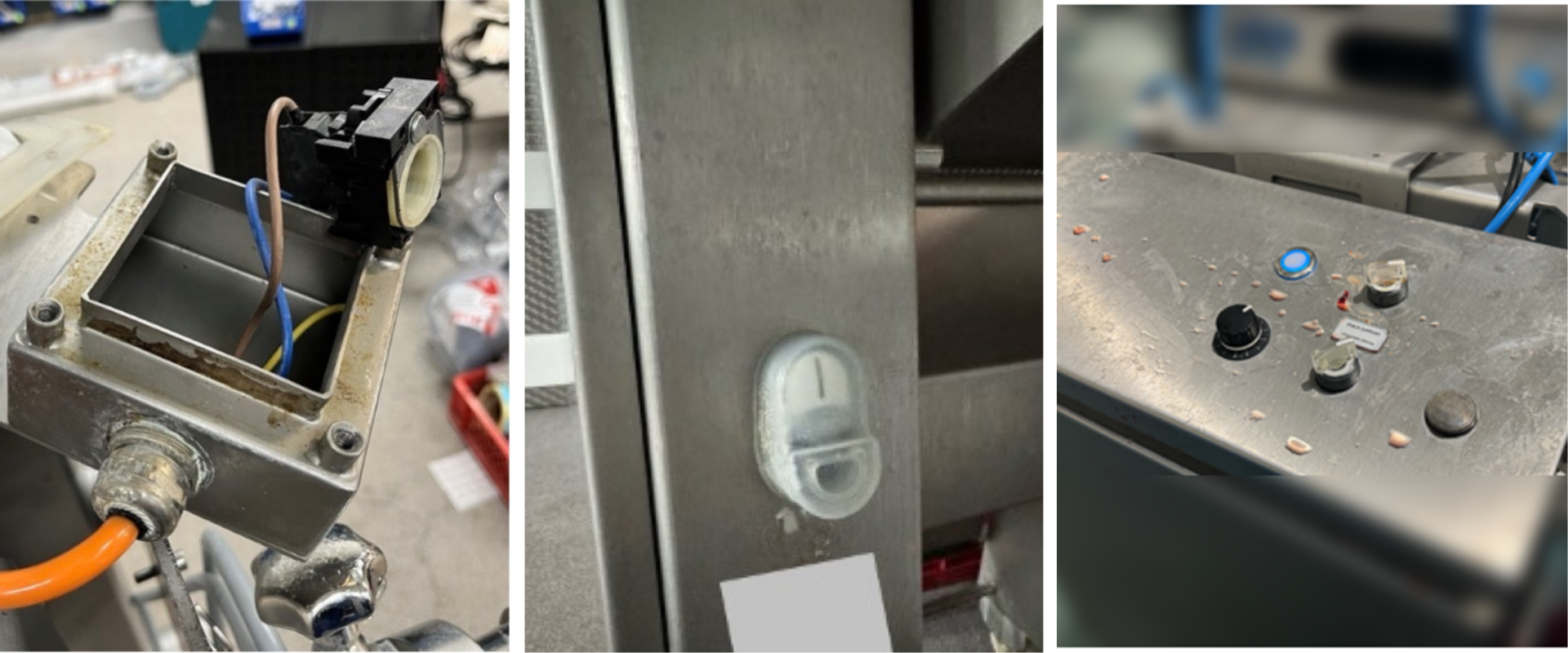 Collage of three images showing electronic components and wiring on a metal surface.