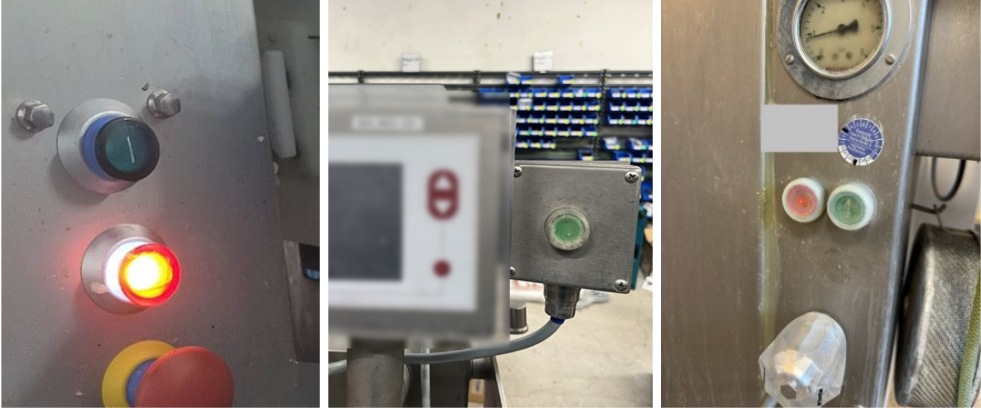 Three images of industrial control panels with various buttons and displays.