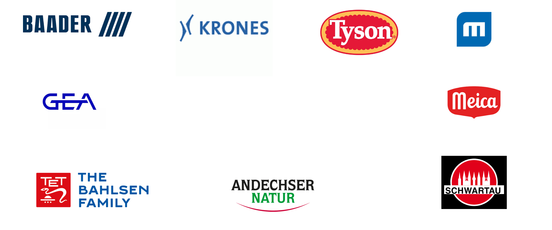 Logos of various companies including Baader, Krones, Tyson, Meica, GEA, Tetra Pak, Andechser Natur, and Schwartau on a white background.