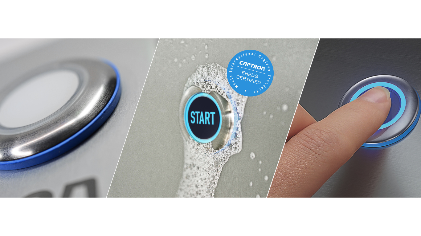 Handheld electronic device with 'START' button and 'CAPTRON' branding on a metallic surface. EHEDG certification