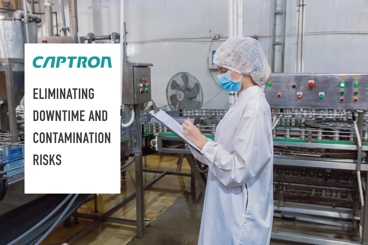 Person in a sterile environment with CAPTRON branding and text about eliminating downtime and contamination risks.